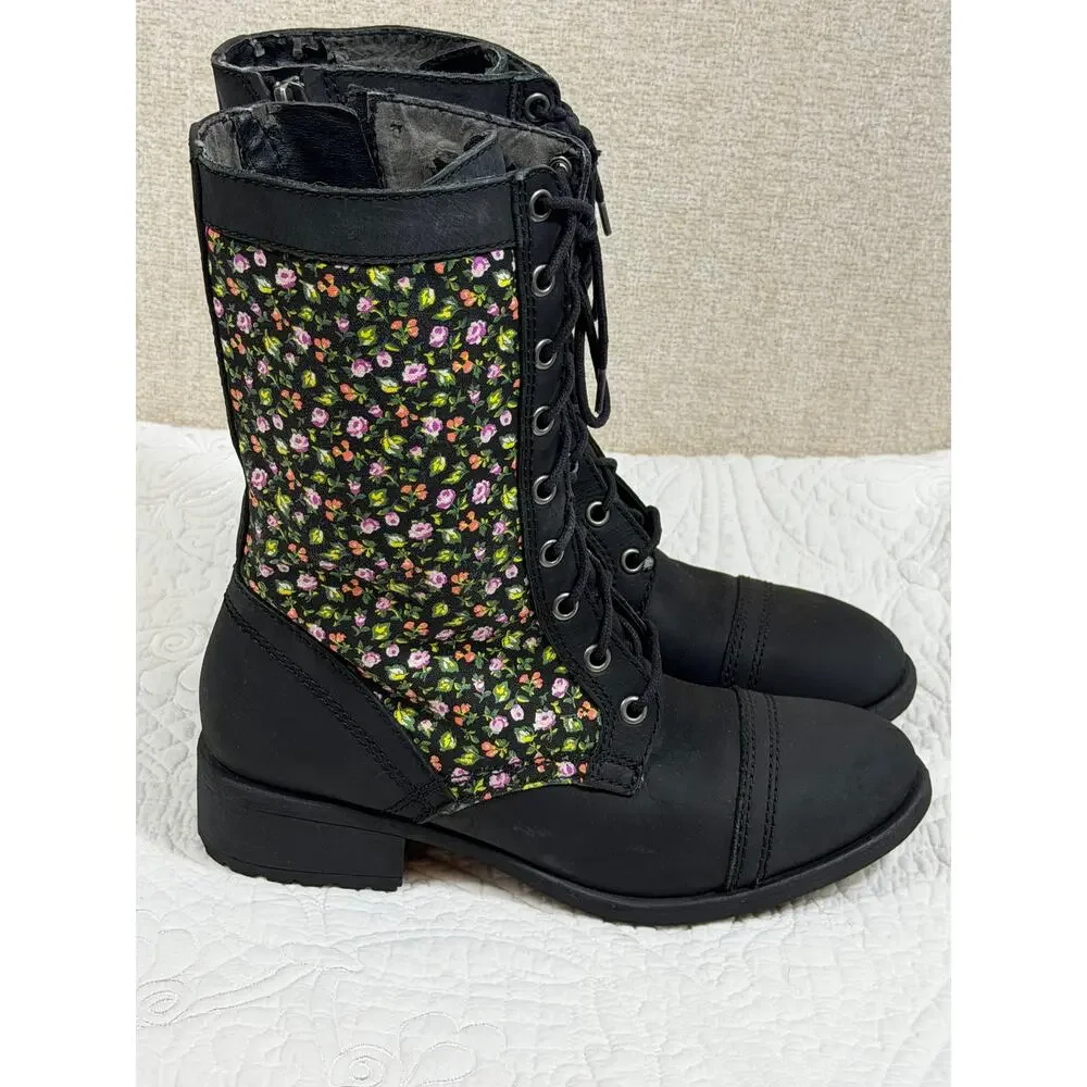 Denim Supply RL Women 8 Black Floral Print Side Zip Lace Up Torie Granny Boots